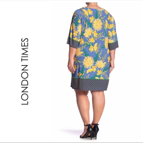 London Times Blue Floral Mixed Print Print Dress - Picture 3 of 5